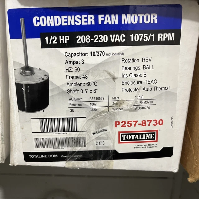 p257-8730 1/2 Hp 1075/1 RPm Condenser Fan Motor 10/370 Capacitor Not Included