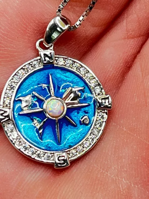 Compass Pendant Necklace Sterling Silver Navy Anchor Travel Map Necklace 18"