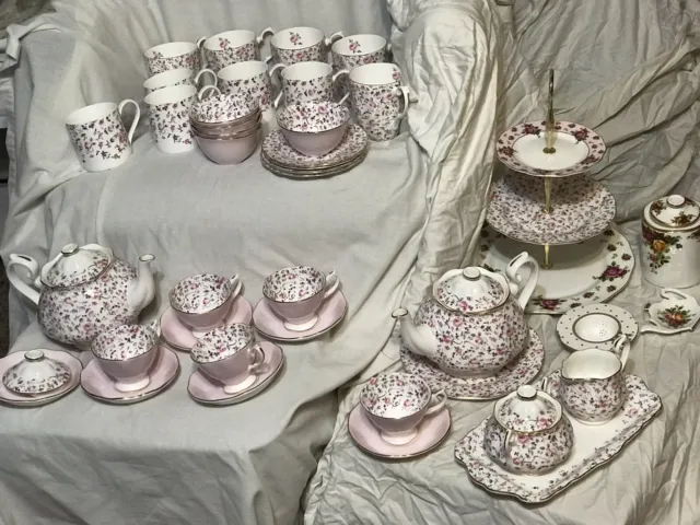 Royal Albert Rose Confetti Huge Tea Set: Teacups, Pots, Plates, Serving Platters
