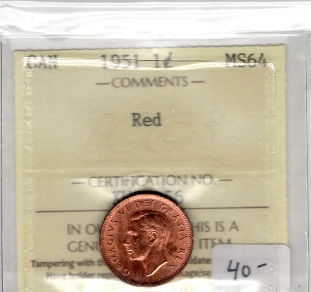 1951 Canada One Cent Coin - Red - ICCS Graded MS-64