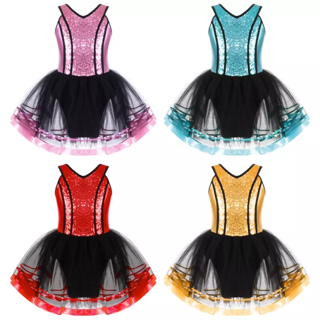 Girls Sequined Leotard Sparkly Strap Ballet Tutu Dress Ballerina Dance Costumes