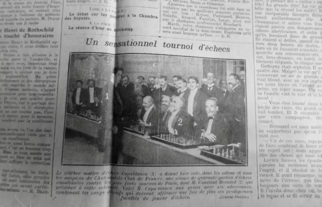 1911 Excelsior Parte de Prensa Ajedrez Juego Torneo Capablanca 1 Diario Antiguo