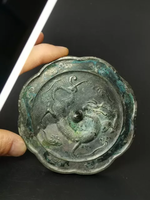 Chinese  bronze mirror Dragon pattern ornament flower shaped mirrors 单龙花形镜