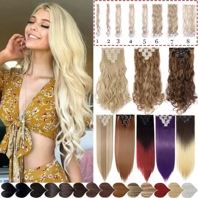 DE 100% Dick Voller Kopf lockig Clip in Hair Extensions Haarverlängerung 8 Stück