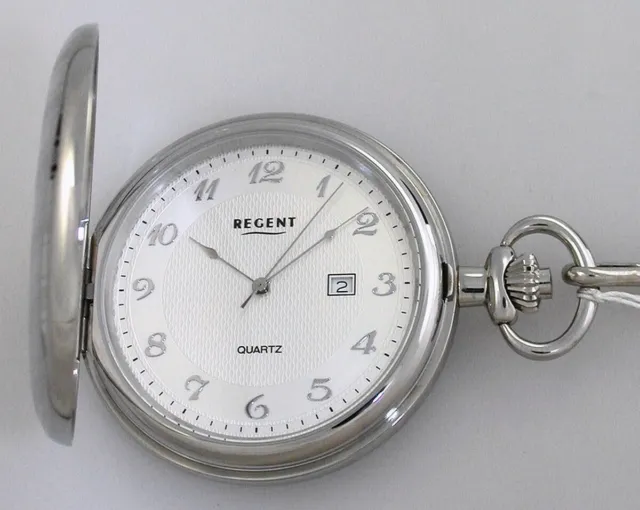 Regent Stainless Steel Mineral Glass Seiko Quartzwerk Pocket Watch+Chain