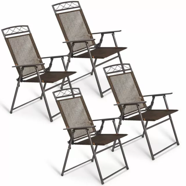 New Set of 4 Patio Folding Sling Chairs Steel Textilene Camping Deck Garden Pool