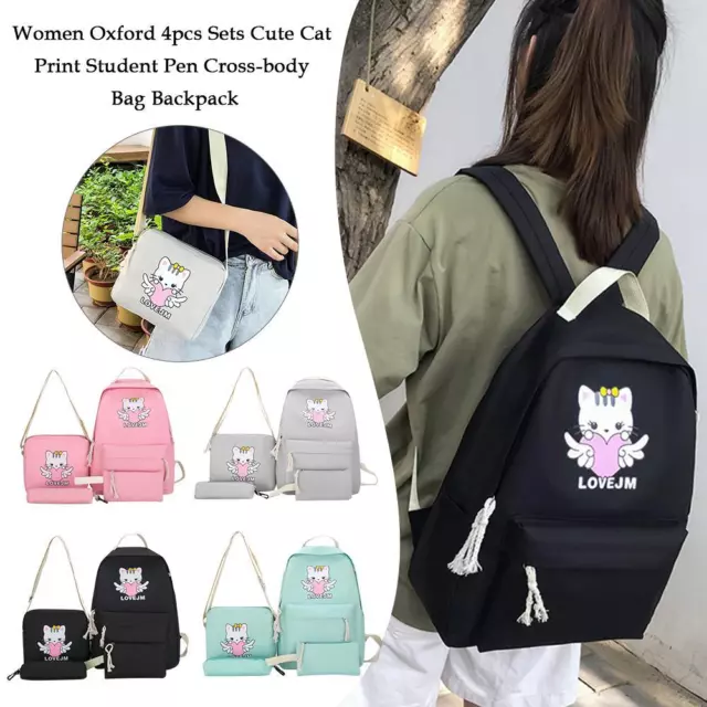 Women Oxford 4pcs Set Cute Cat Print Student Pen Cross-body Bag Handbag Backpack 3