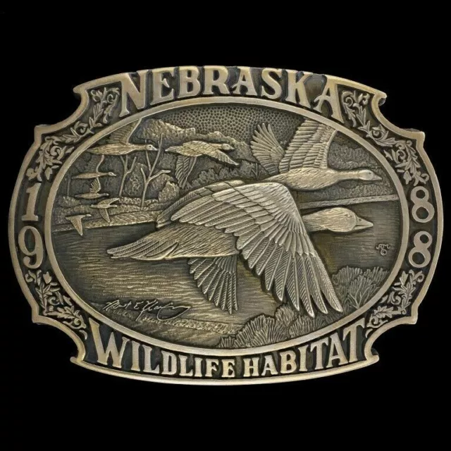 Vtg NOS Nebraska Wildlife Habitat Geese Bird Parks Game Western Art Belt Buckle
