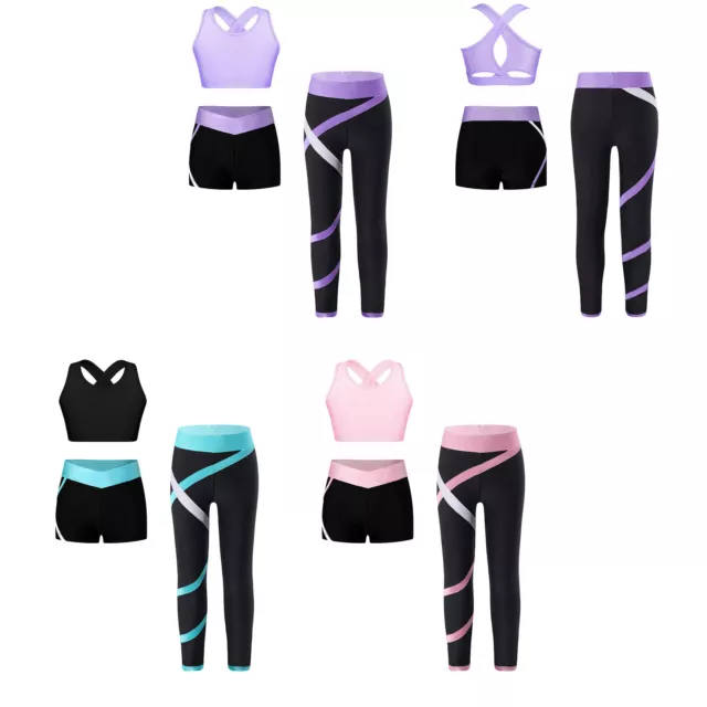 Kids Girls Crop Top With Shorts And Pants Yoga Sets Sleeveless Sportswear Gym