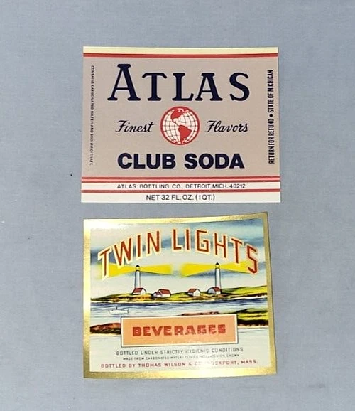 2 Vintage Soda Bottle Labels Twin Lights Atlas