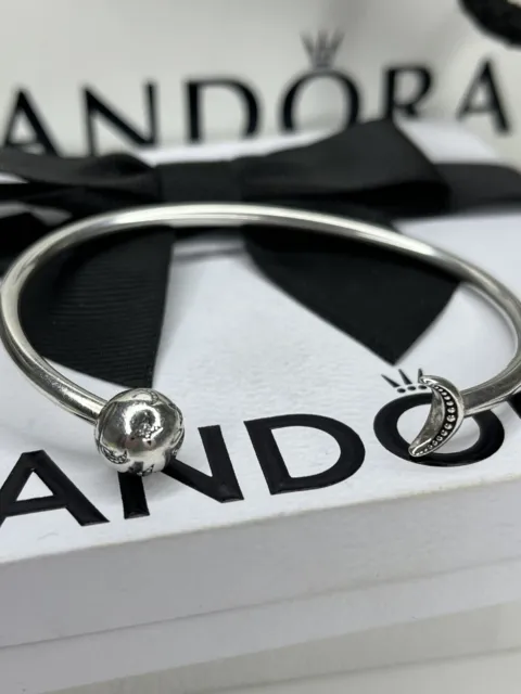 Genuine Pandora Silver Moments Moon & Stars Open Charm Bangle - Size 2