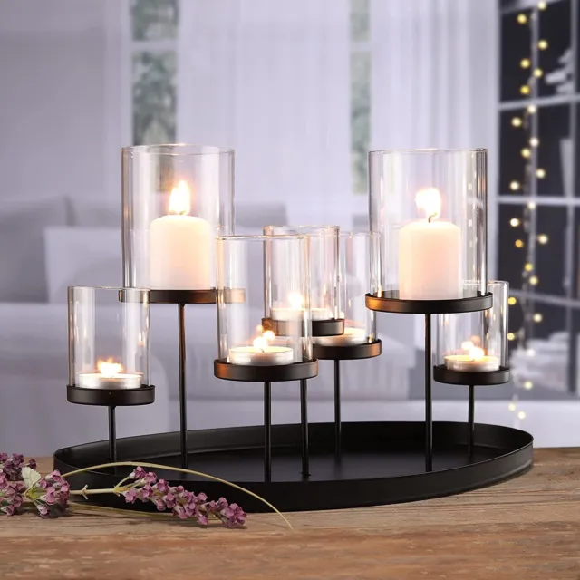 Teelichthalter Kerzenhalter für 7 Kerzen mit Glaseinsatz 34,5x20xH23cm Windlicht