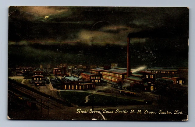 1912 UNION PACIFIC RR SHOPS, OMAHA, Nebraska NIGHT SCENE -  WESTERN, NE Postcard