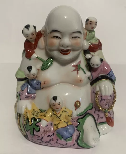 Vintage Chinese Famille Rose Porcelain Laughing Buddha with 5 Children Figurine