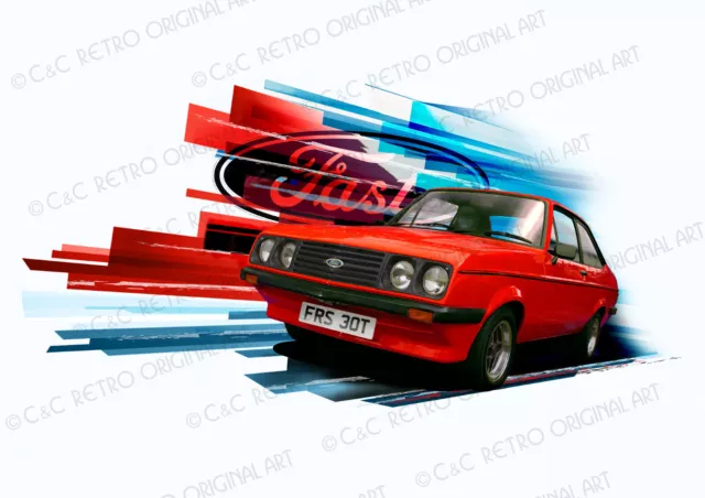 Fast Ford Escort RS2000 in red. Limited edition original art A4 print. 3