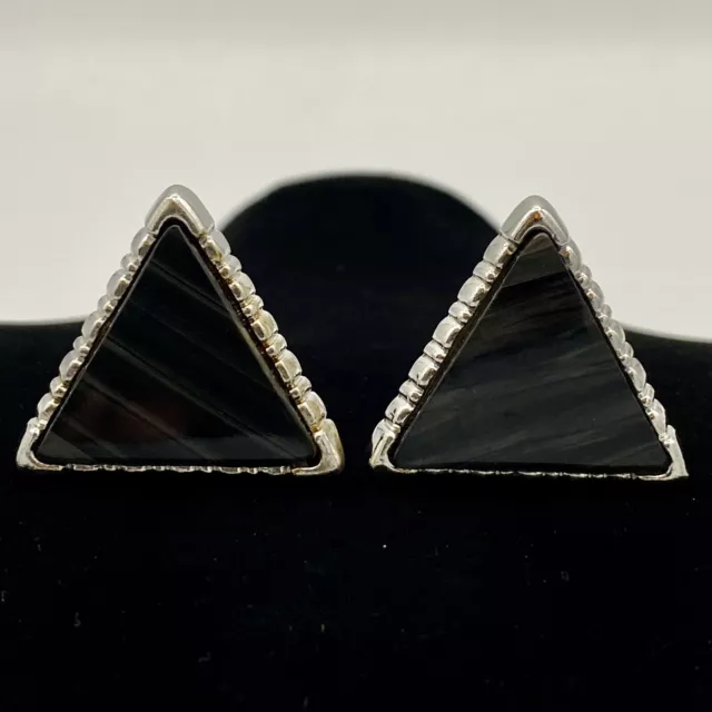 Vintage Men’s Silver Tone Cuff Links Triangle Black Stone Unbranded