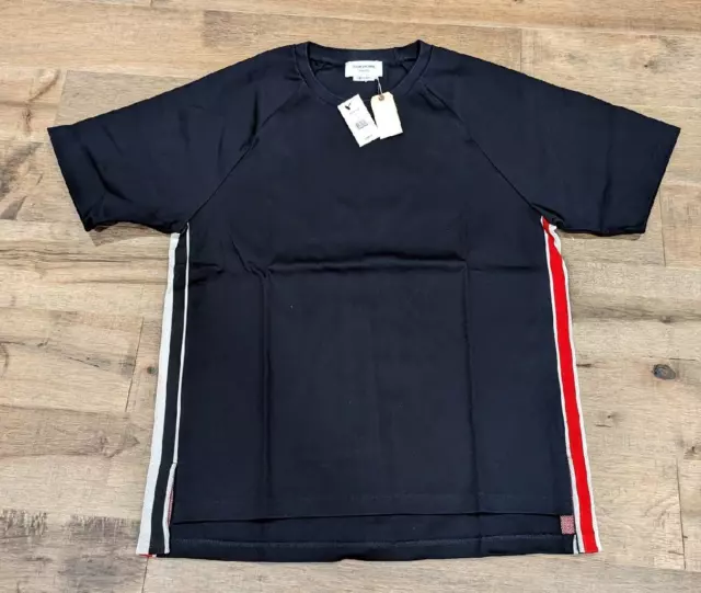 $590 Mens THOM BROWNE Side Striped Crewneck T-Shirt Navy 4 XL