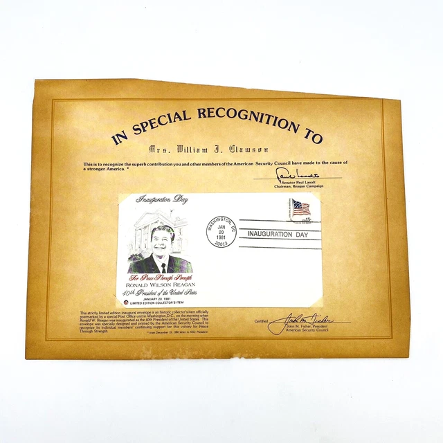 Reagan Inaugural Envelope 1981 Certificate Signed by John M Fisher & Paul Laxalt