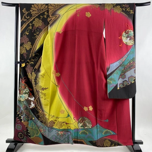 Woman Japanese Kimono Furisode Silk Mirror Embroidery Crane Gold Foil SumiColor