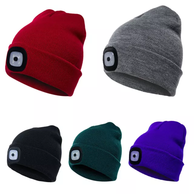 Women Men Winter Knitted Beanie Wool Cap with 4 LED Head Light Torch Warm Hat