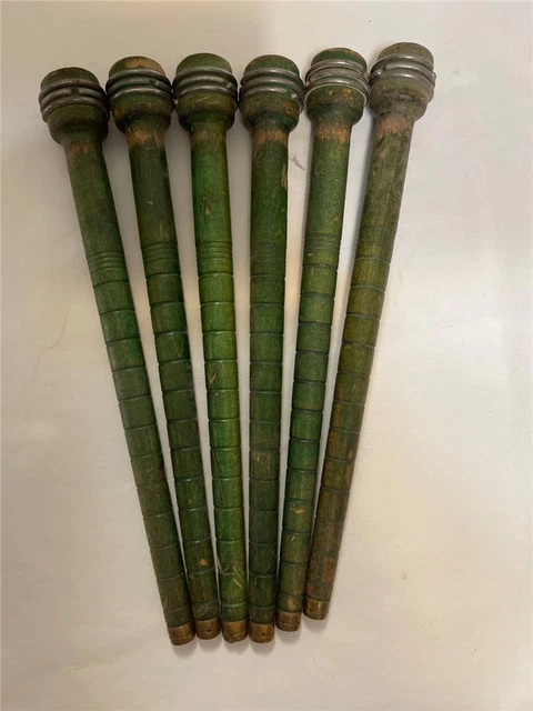 Vintage Lot 6 Industrial Green Wooden Textile Spindles Bobbins Ribbed 10”
