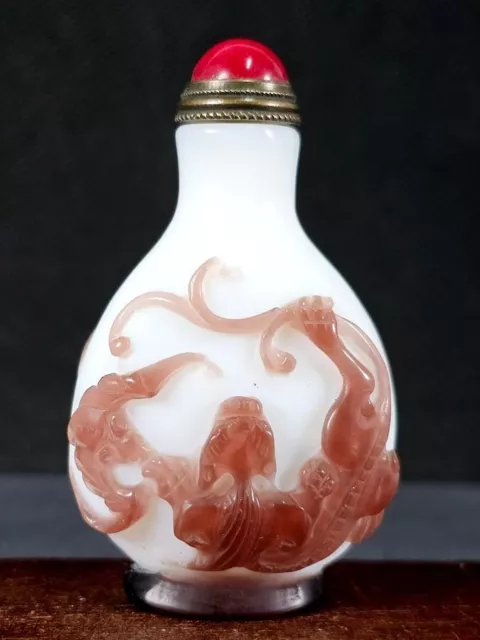 Chinese Two Dragon Bat Carved Peking Overlay Glass Snuff Bottle