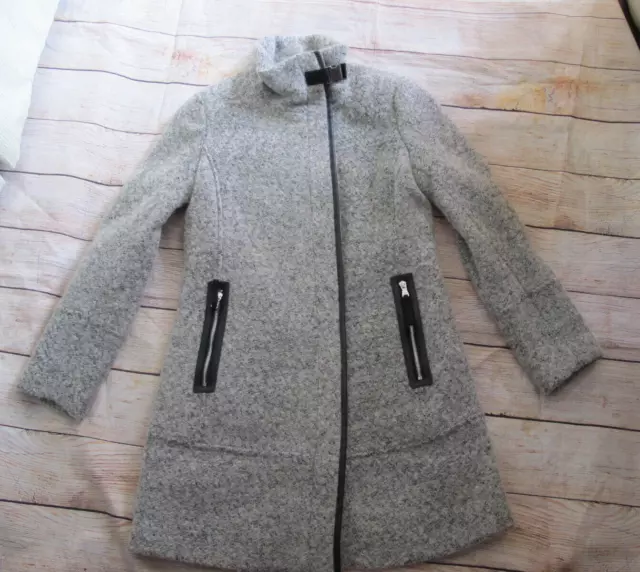 NEW Calvin Klein Women's Faux-Leather-Trim Gray marled Boucle Wool Blend Coat S