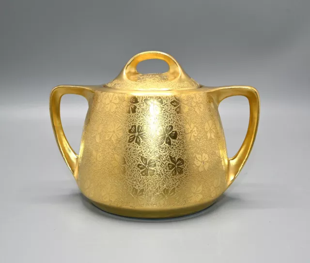 Vintage Gold Porcelain Floral Design Sugar Bowl w/Lid Double Handles #1076