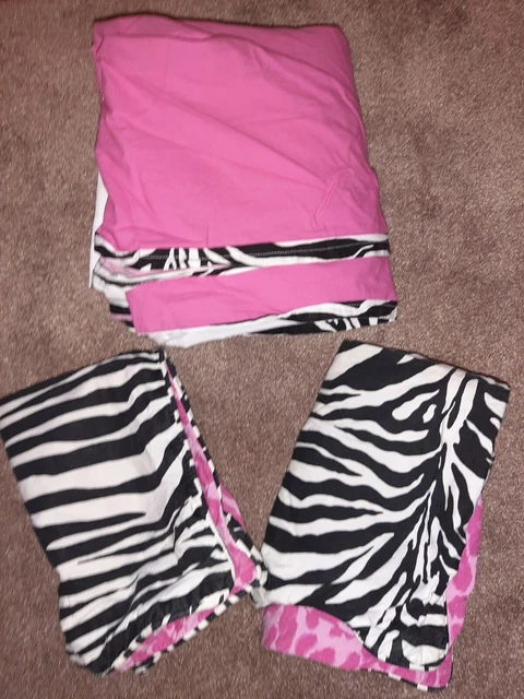 VTG XHILARATION Bed Skirt Dust Ruffle & Pillow Shams FULL Pink Animal ZEBRA Leop