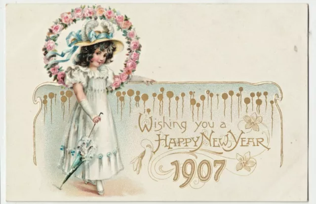 Tuck 1907 UDB Gold Gilt Vintage Happy New Year Postcard Girl Parasol Rose Wreath