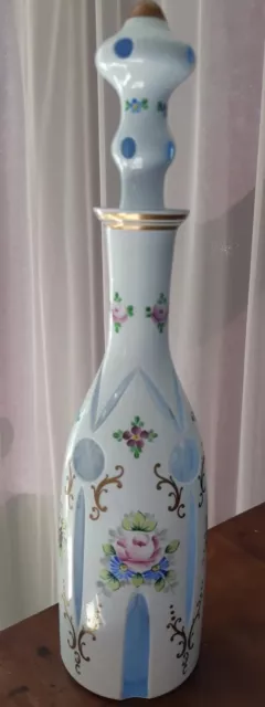 BOHEMIA CZECH CASED GLASS DECANTER BOTTLE GENIE 17" cut to blue floral emamel