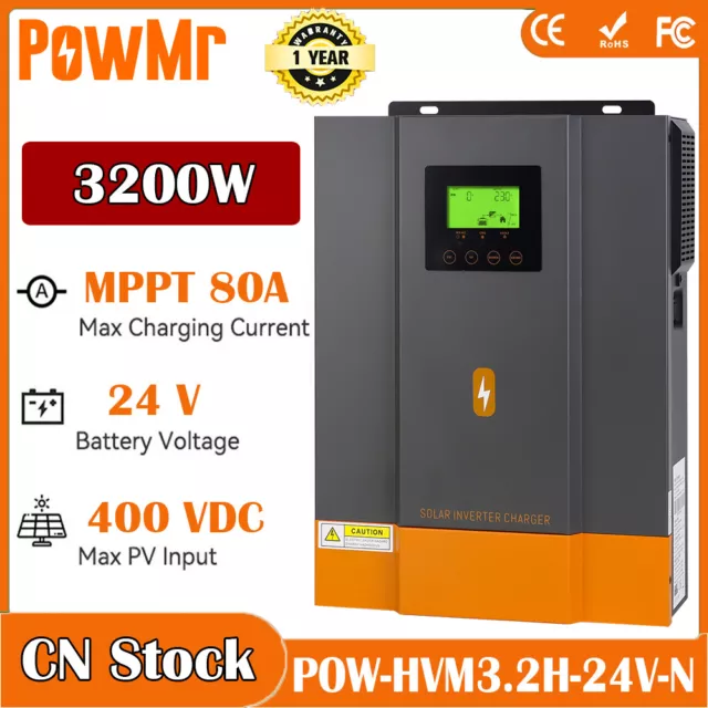 PowMr 3200W 24V Hybrid Solar Inverter Charger MPPT 80A Pure Sine Wave Controller