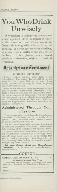 1910 Oppenheimer Treatment Excessive Drinking Physician Admin Vtg Print Ad CO2