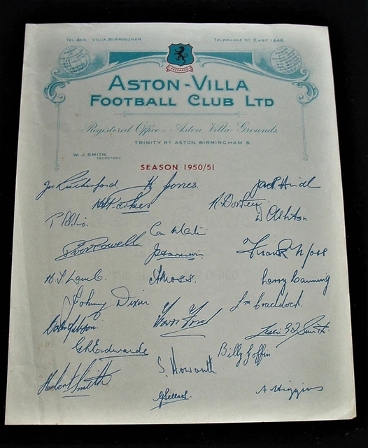 Autigraph Sheet ASTON VILLA F.C. Original Official Club Autograph Sheet 1950/51 £2.99 ...
