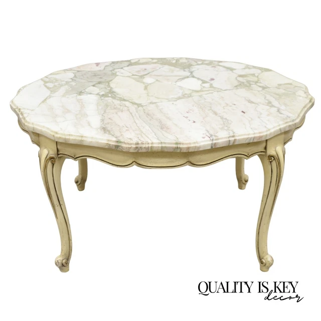 VINTAGE FRENCH PROVINCIAL Style Marble Top Cream Painted Round Coffee