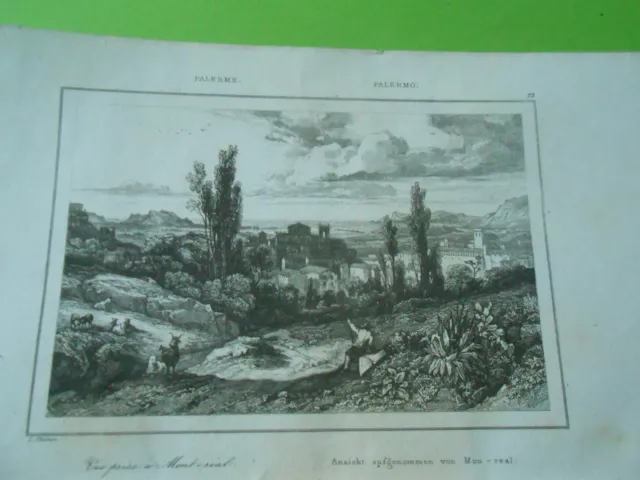 1835 engraving - Italy Palermo view taken at Mont Réal