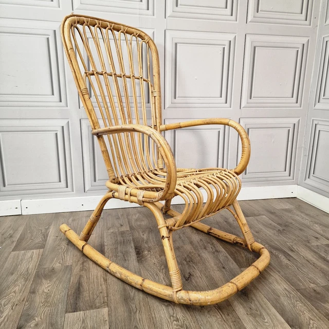 VINTAGE MID CENTURY Bamboo Rocking Rattan Wicker Cane Tub Chair