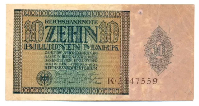 Germany Weimar Republic Reichsbanknote 10 Billionen Mark 1.2. 1924 VF #134 RARE