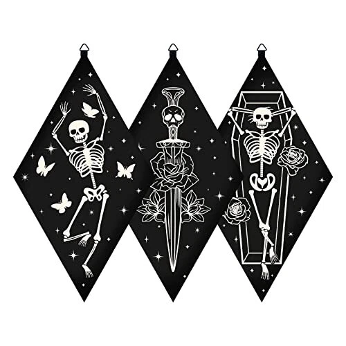 3Pcs Skull Gothic Wall Decor Witchy Spooky Wall Art Wooden with Hook Flowers