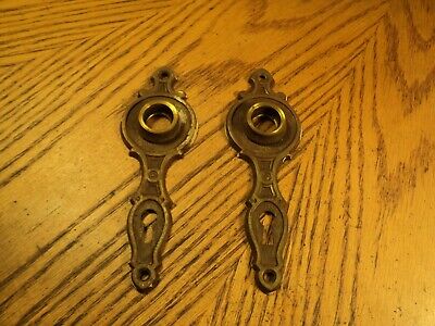 Antique Vintage Two Brass Victorian Keyhole Cover Escutcheon Plates  5-1/2" Tall