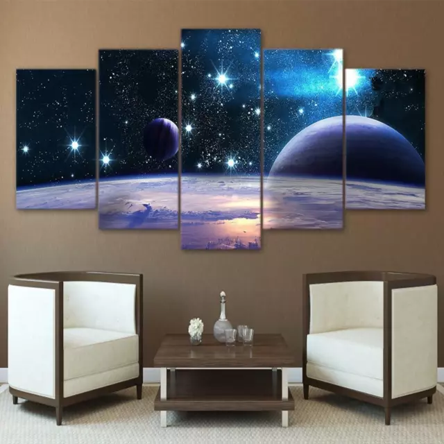 Starry Universe Galaxy Outer Space & Planets Framed 5 Piece Panel Canvas Wall Ar