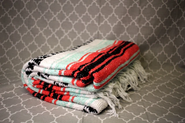 NEW! HN Authentic Mexican Blankets - Hand Woven Blanket - Mint Coral