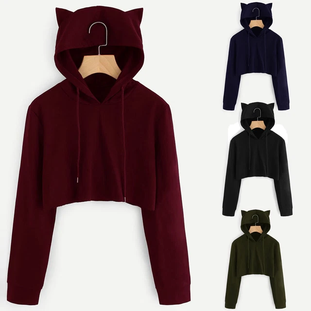Plus Women Cat Ear Long Sleeve Hooded Sweatshirt Crop Tops Blouse Pullover US