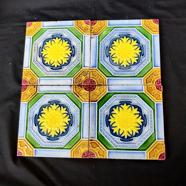 1940s Vintage Majolica Decorative Nouveau Architecture Furniture Tile 4Pcs Japan
