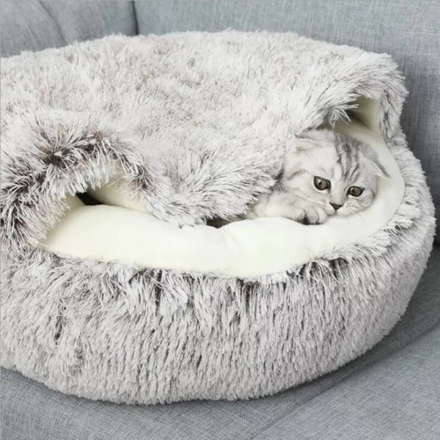 Cat Cave Bed Igloo House Pet Dog Sleeping Bed Cushion Crate Kennel Plush Mat UK
