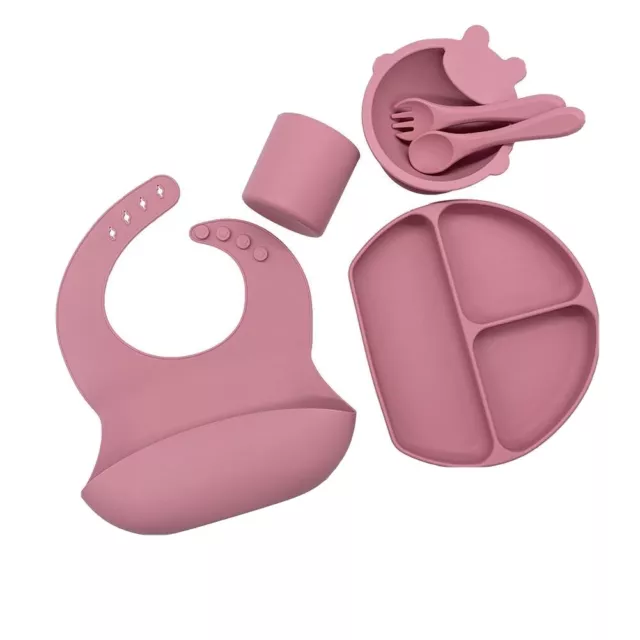 Baby Feeding Set Bibs Silicone Easy Wipe Weaning Suction Bowl Plate Spoon Soft