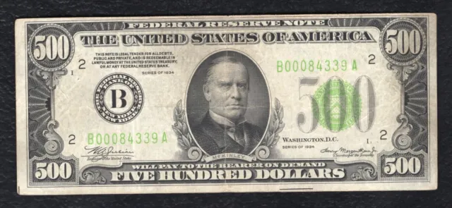 Fr. 2201-B 1934 $500 Five Hundred Frn Federal Reserve Note New York, Ny Vf