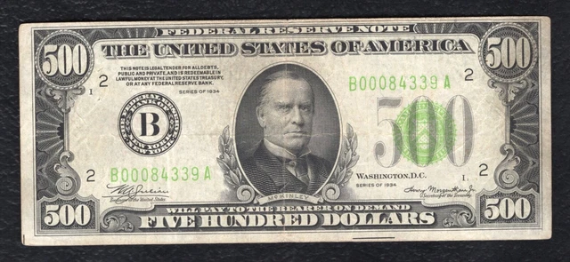 Fr. 2201-B 1934 $500 Five Hundred Frn Federal Reserve Note New York, Ny Vf