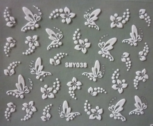 3D Pegatinas Para Uñas BLANCO PLATA Mariposas Flores Pedrería (38)