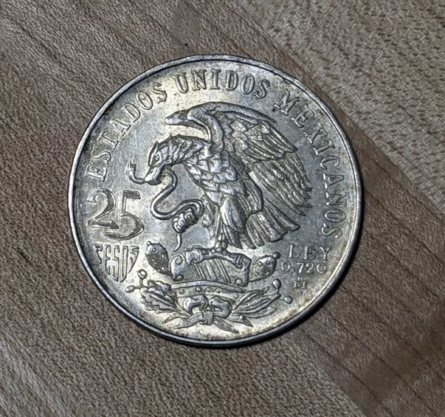 1968 Mexico Olympics 25 Pesos Silver Coin .720 AU+